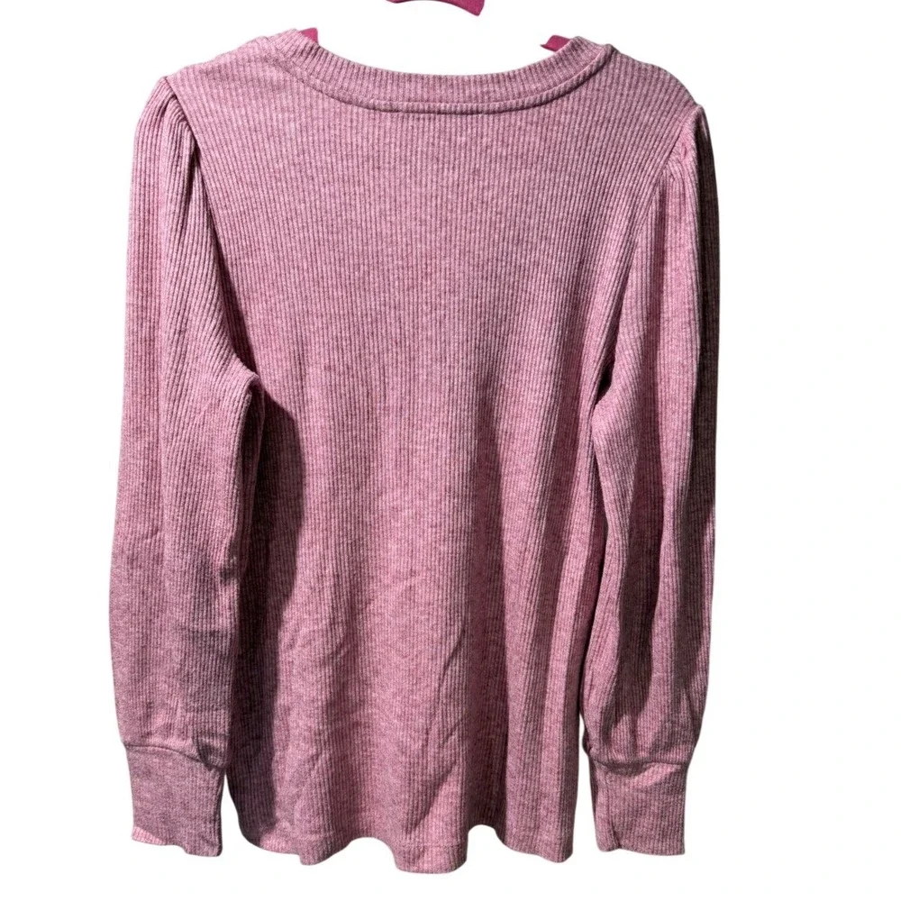 LOFT Women‎ Pink Ribbed Henley V-Neck Puff Sleeve Top Size L Mauve Long Sleeve